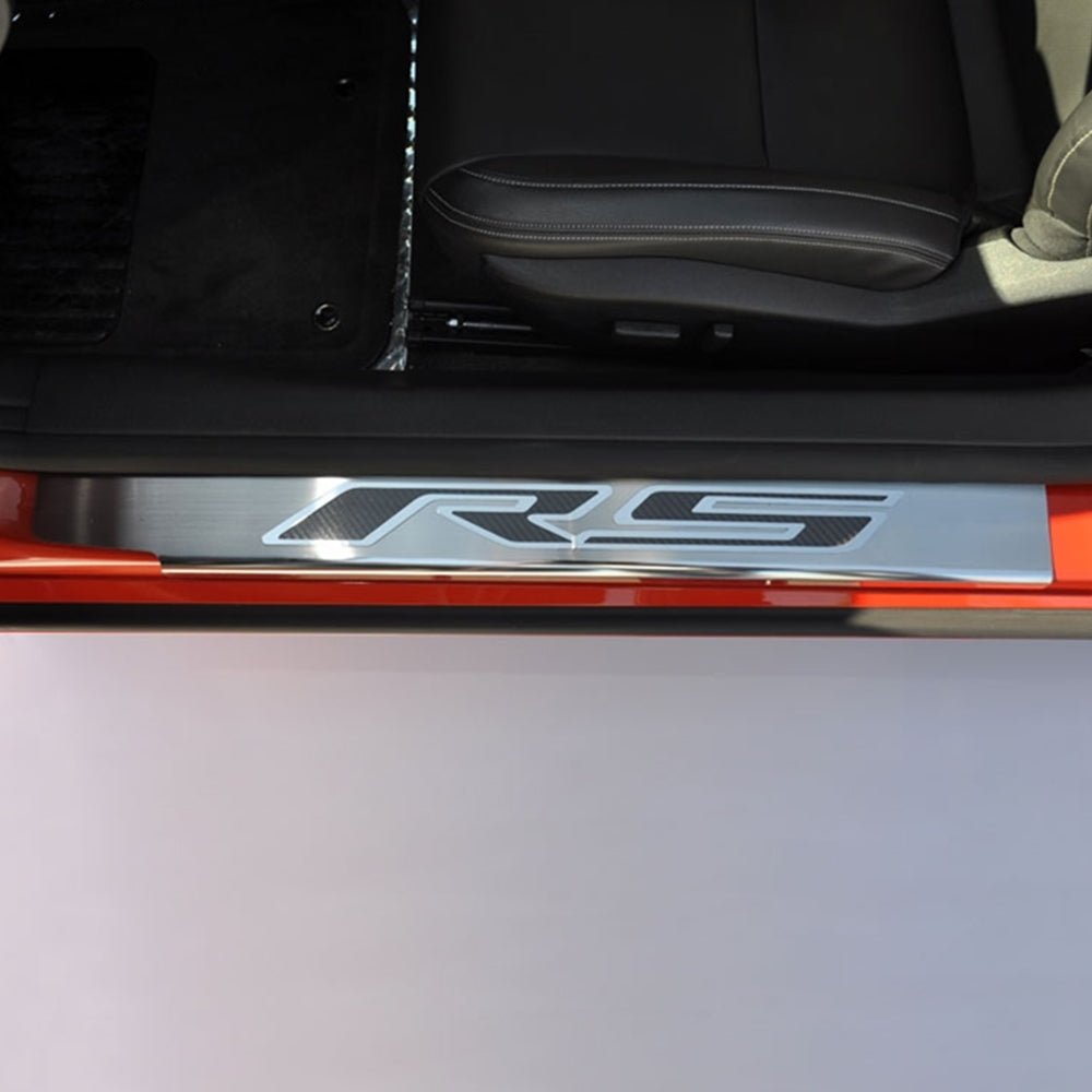 Camaro 2010-2015 Door Sill Plates - Brushed-Polished Stainless Steel "RS" Carbon Fiber Camaro 2010-2015 Door Sill Plates - Brushed-Polished Stainless Steel "RS" Carbon Fiber - Image 1