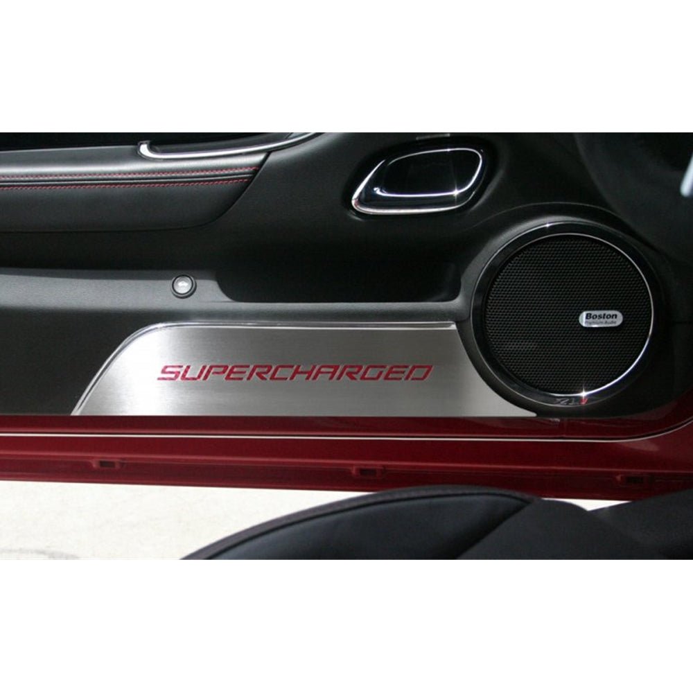 Camaro SUPERCHARGED Logo Door Kick Plates - Brushed with Carbon Fiber Inlay Camaro SUPERCHARGED Logo Door Kick Plates - Brushed with Carbon Fiber Inlay - Image 1