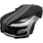 2010-2024 Camaro Ultraguard Sport Series Stretch Satin Indoor Car Cover : Black with Gray Stripes - Image 2