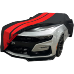 2010-2024 Camaro Ultraguard Sport Series Stretch Satin Indoor Car Cover : Black with Red Stripes - Image 2