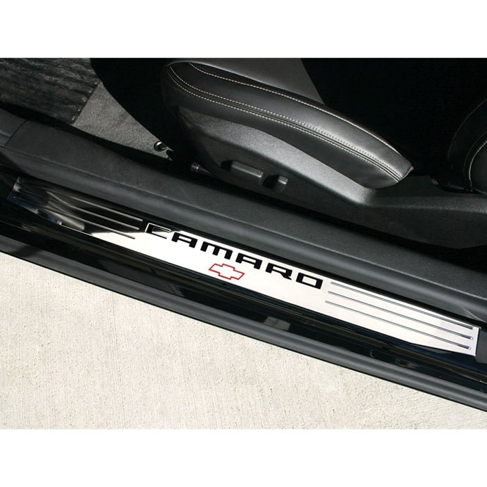 Camaro Door Sill Plates - Camaro Bowtie Billet Aluminum : Chrome Camaro Door Sill Plates - Camaro Bowtie Billet Aluminum : Chrome - Image 1